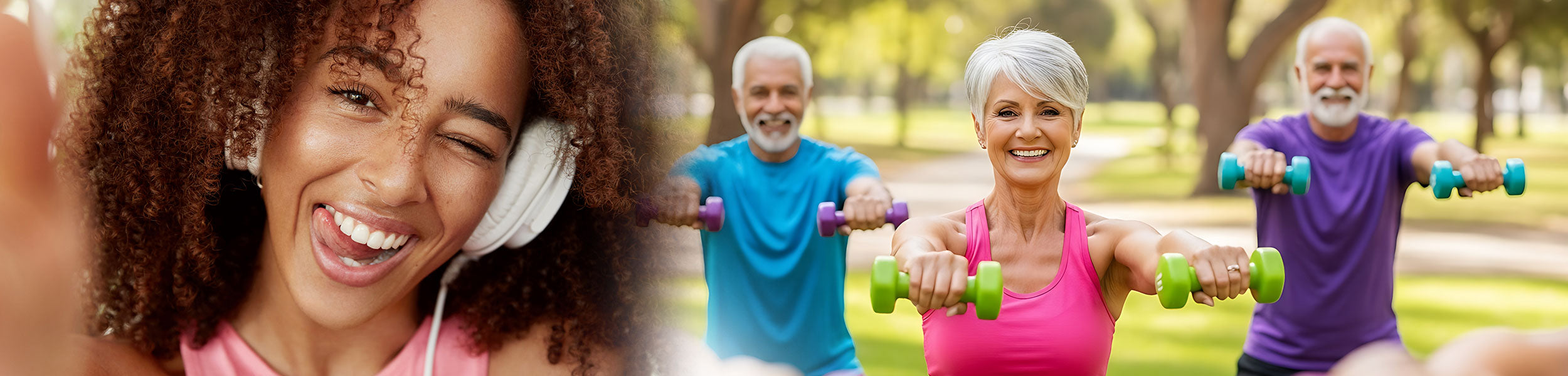 Woman exercising outdoors with a man and woman in the background.