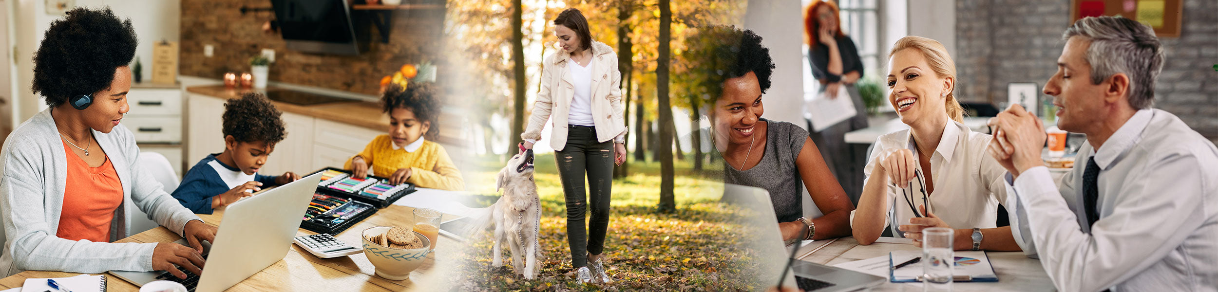 Collage of people in various settings including a kitchen, park, and office.