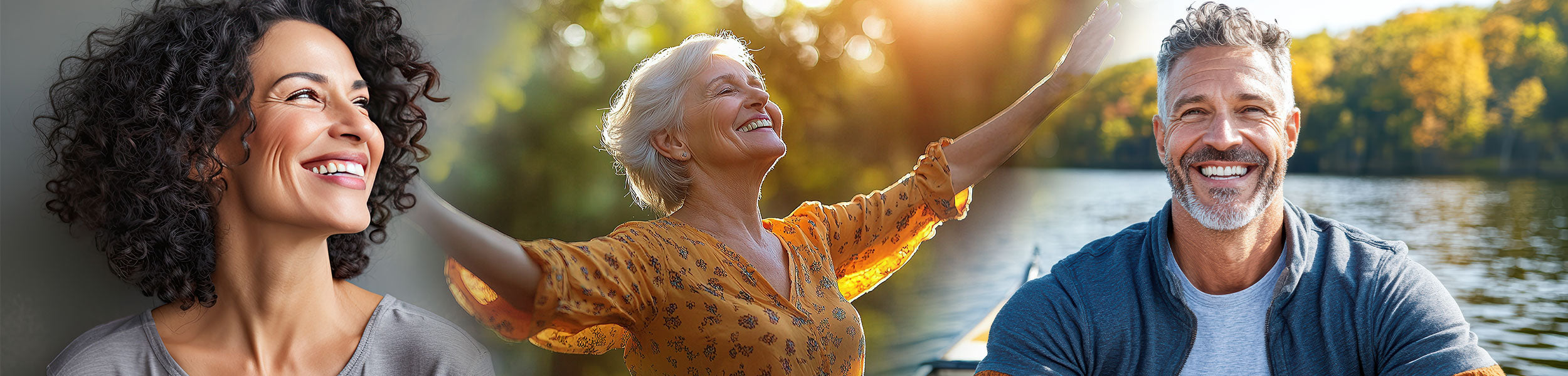 Three people enjoying outdoor activities with a scenic background