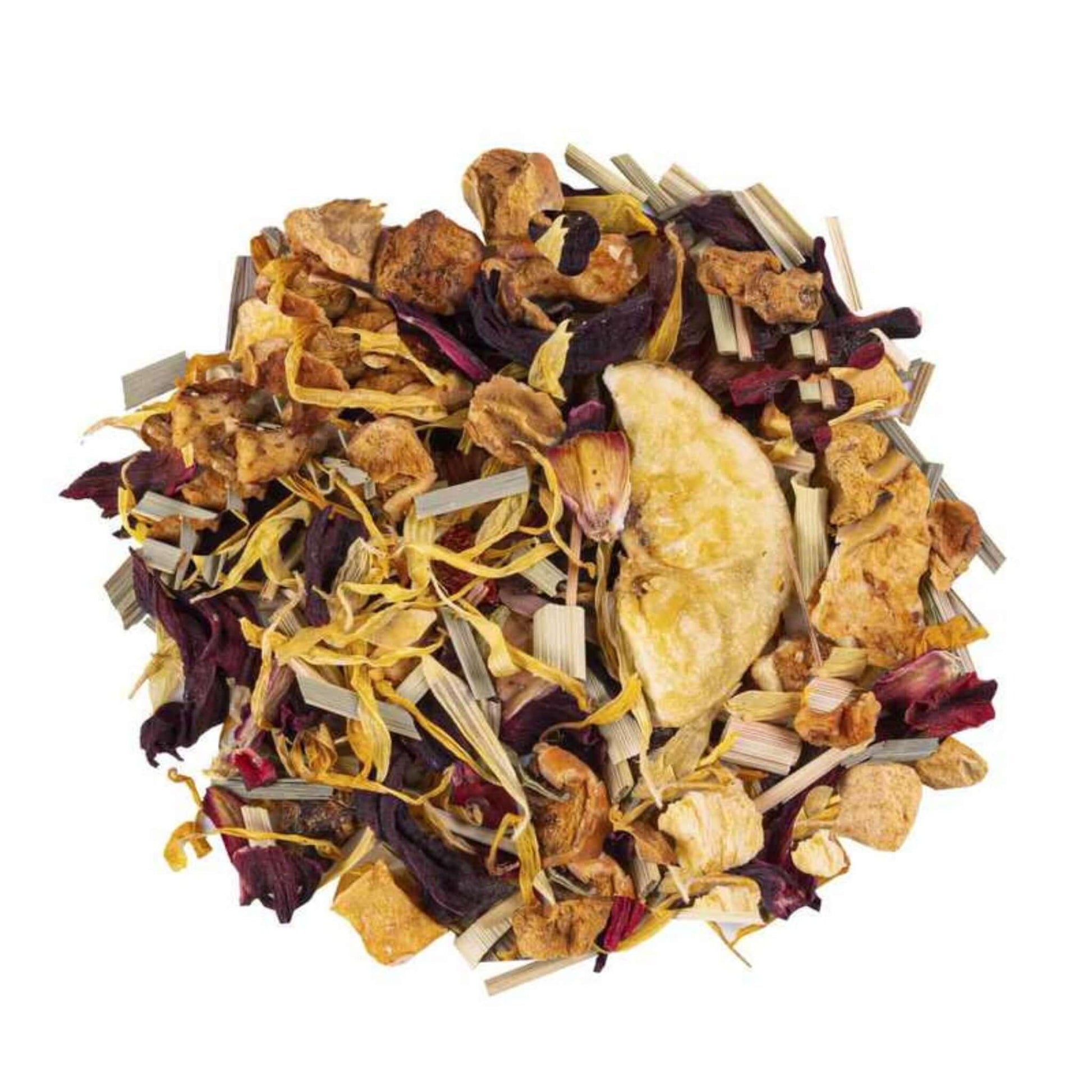 Close-up of loose-leaf Cool Lemon Herbal Tea, displaying the dried ingredients and natural texture of the blend.