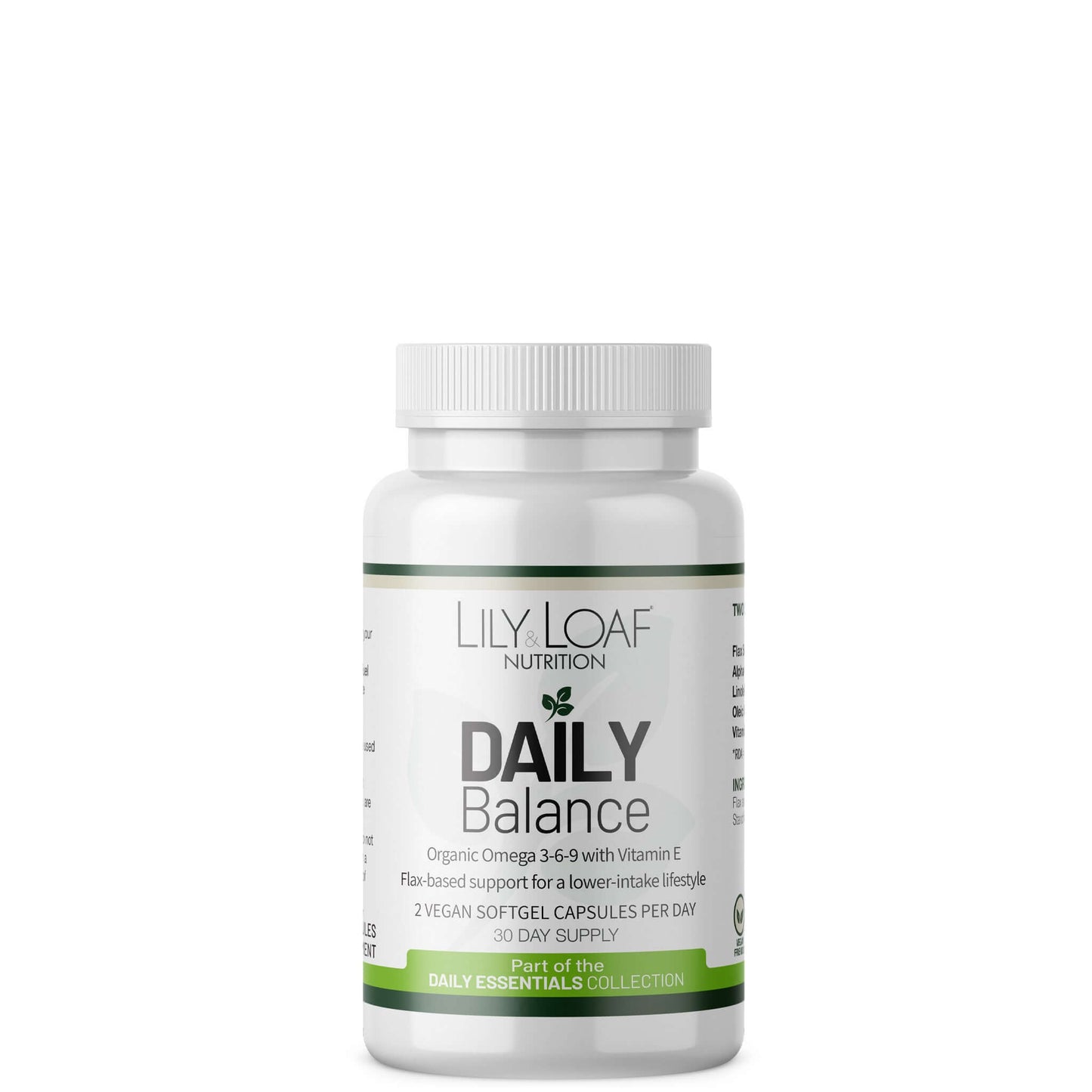 Bottle of Lily & Loaf Nutrition Daily Balance supplement on a white background