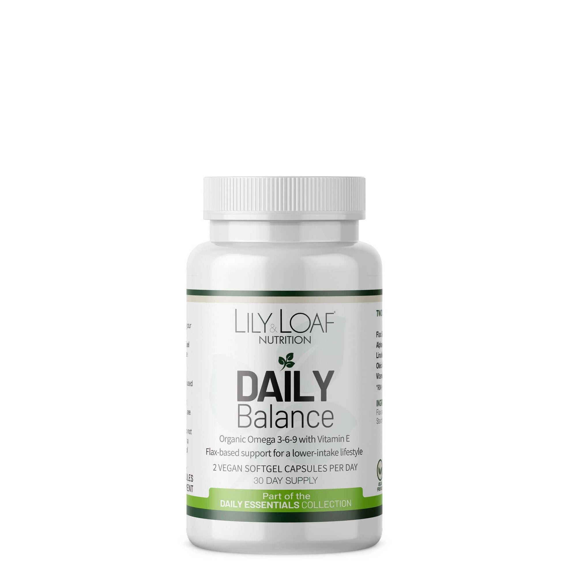 Bottle of Lily & Loaf Nutrition Daily Balance supplement on a white background