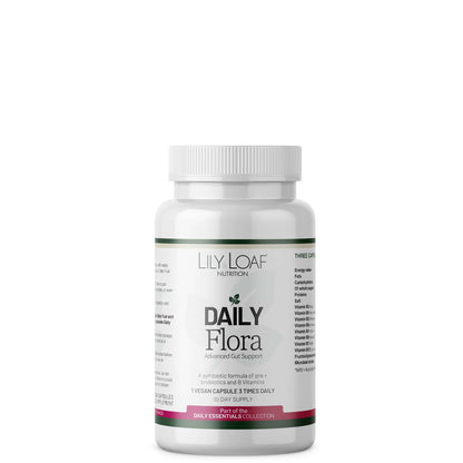 Bottle of Lily & Loaf Daily Flora supplement on a white background