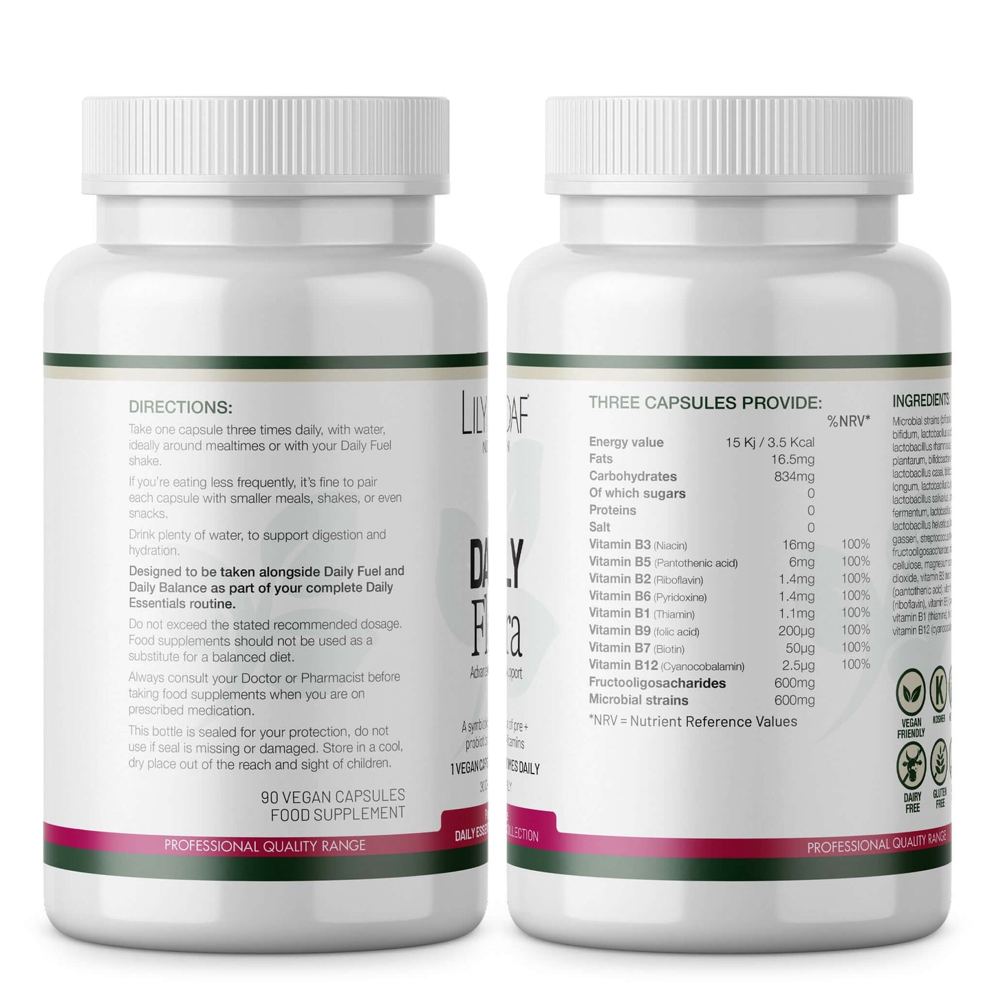 Lily & Loaf Daily Essentials Flora showing directions for use and full nutritional information on the back labels.