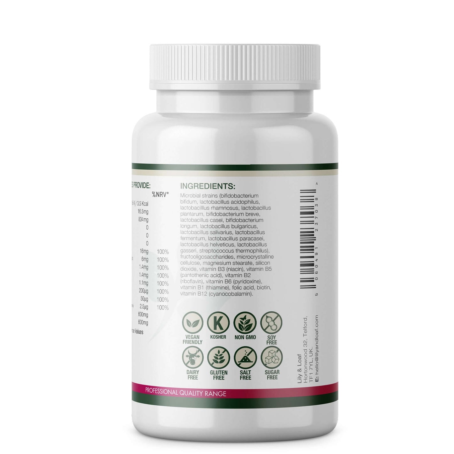 Lily & Loaf Daily Essentials Flora showing ingredients list, vegan and allergen-free icons on the back label.