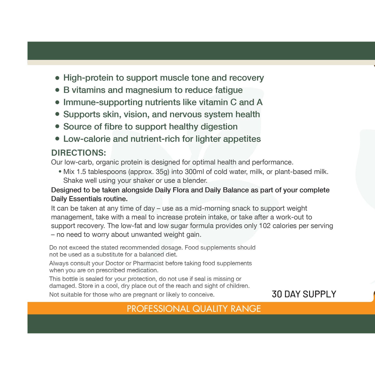 Daily Fuel product label showing nutritional benefits, directions for use, and professional quality branding on a white background