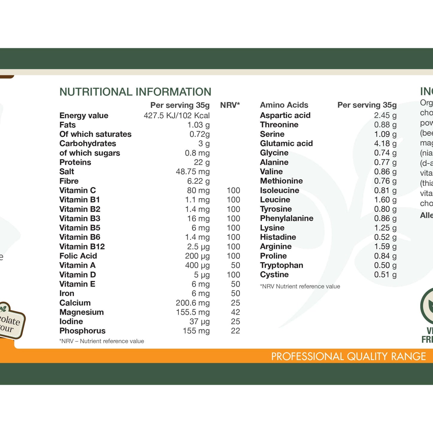 Daily Fuel Chocolate Flavour nutritional information table showing vitamins, minerals, and amino acid content per 35g serving with NRV percentages.