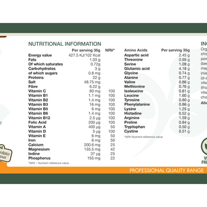 Daily Fuel Chocolate Flavour nutritional information table showing vitamins, minerals, and amino acid content per 35g serving with NRV percentages.