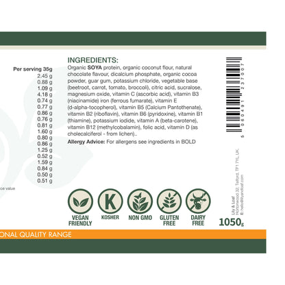 Daily Fuel Chocolate Flavour Product label with ingredients list, nutritional information, and certification logos on a white background.