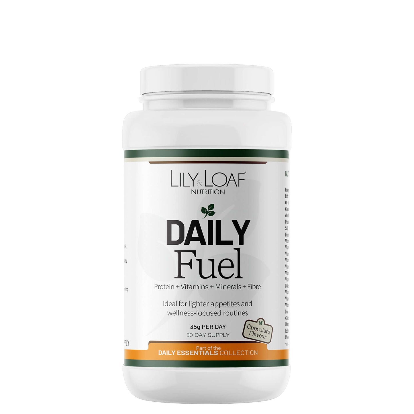 Lily & Loaf Nutrition Daily Fuel Chocolate Flavour supplement container on a white background