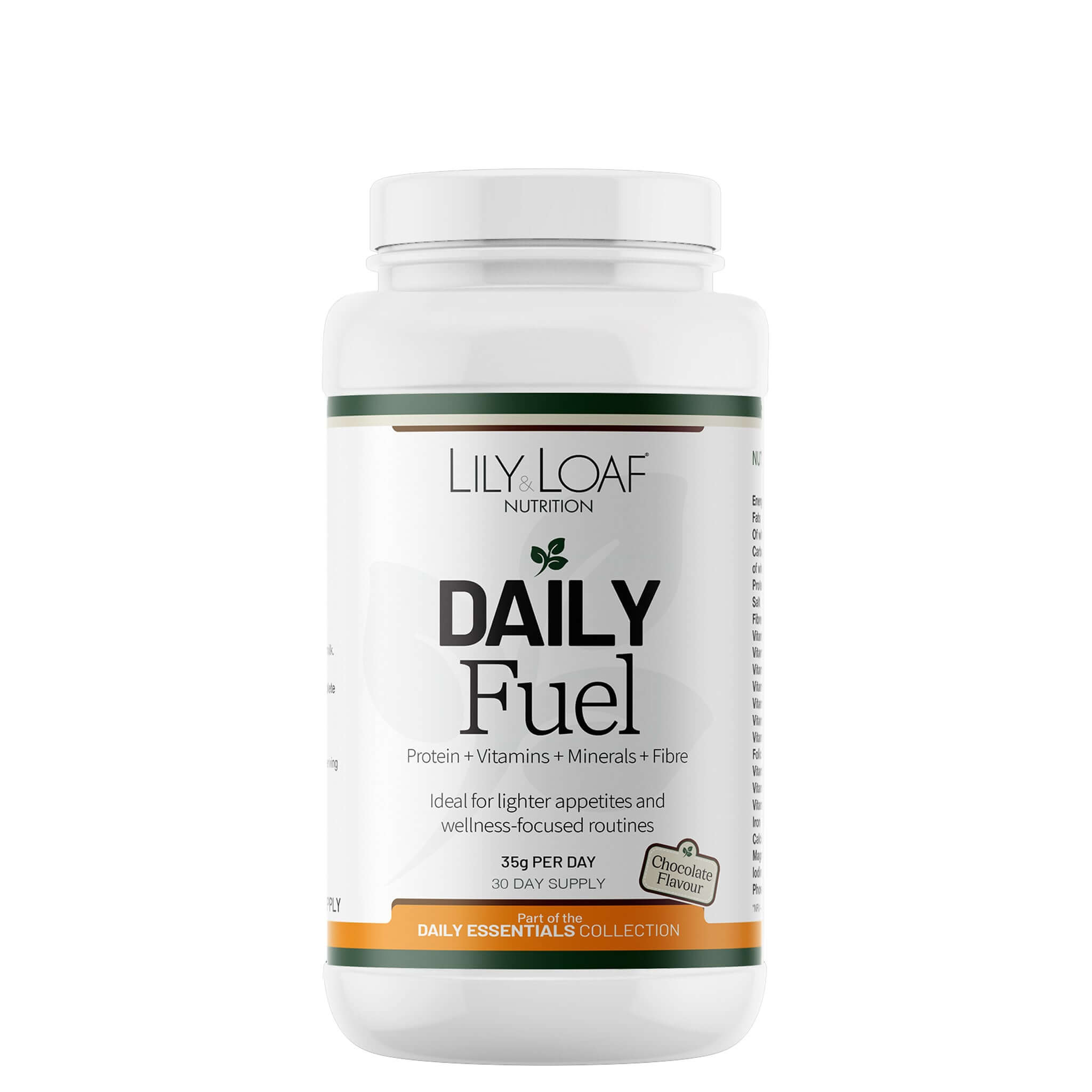 Lily & Loaf Nutrition Daily Fuel Chocolate Flavour supplement container on a white background
