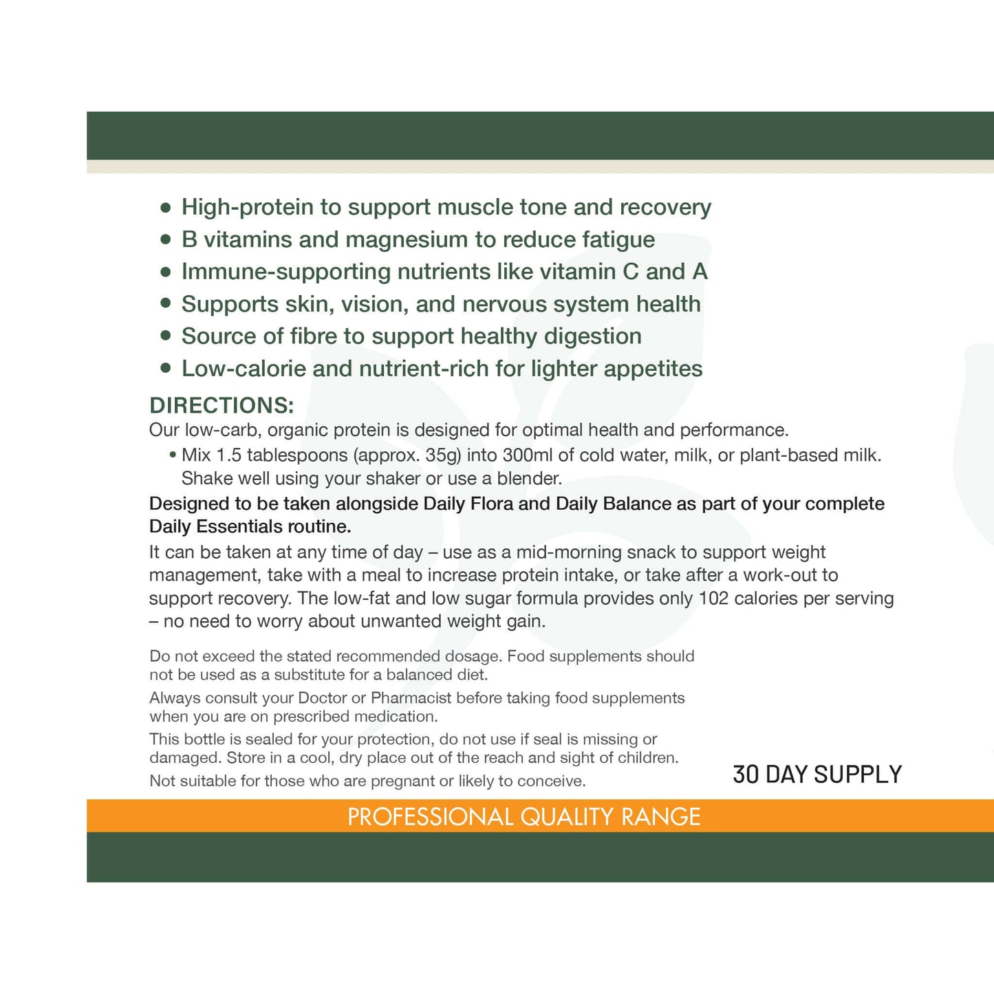 Daily Fuel product label highlighting protein, B vitamins, magnesium, fibre, and immune nutrients, with directions for mixing and usage guidance
