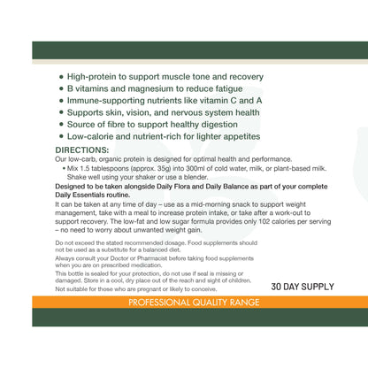 Daily Fuel product label highlighting protein, B vitamins, magnesium, fibre, and immune nutrients, with directions for mixing and usage guidance