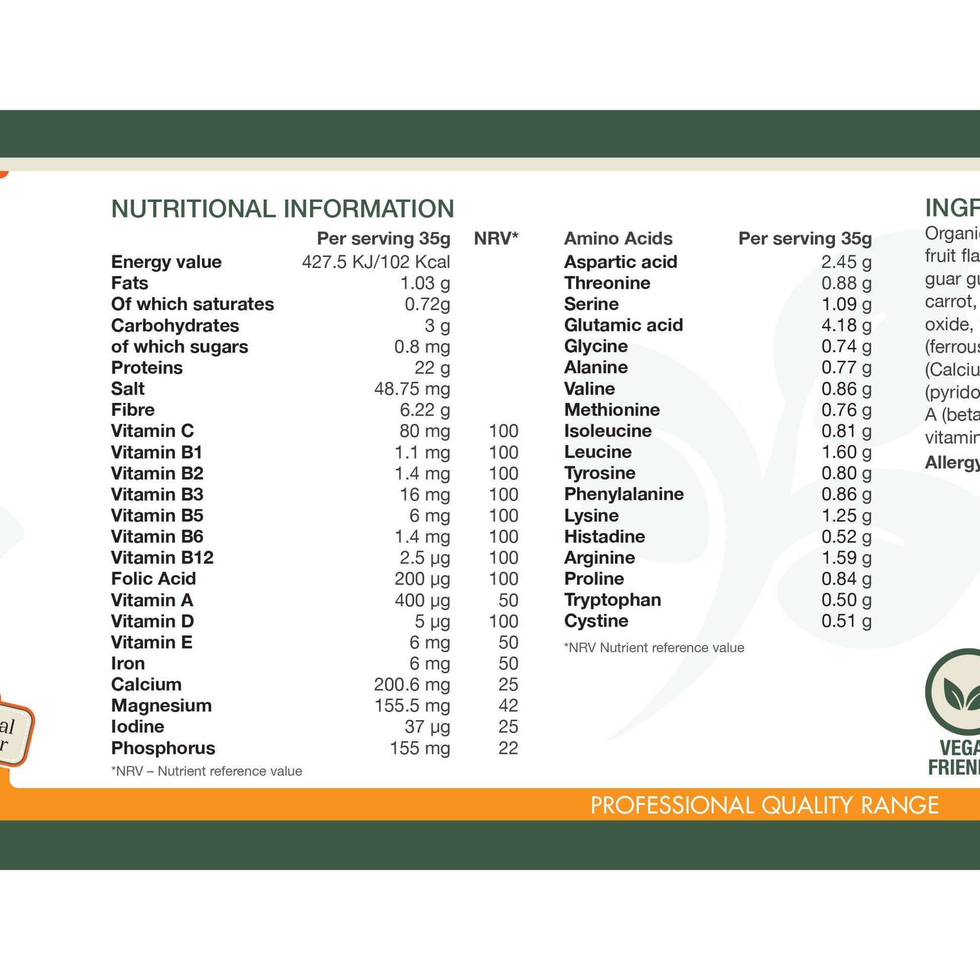 Daily Fuel Tropical Flavour nutritional information table showing vitamins, minerals, and amino acid content per 35g serving with NRV percentages.