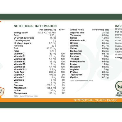 Daily Fuel Tropical Flavour nutritional information table showing vitamins, minerals, and amino acid content per 35g serving with NRV percentages.