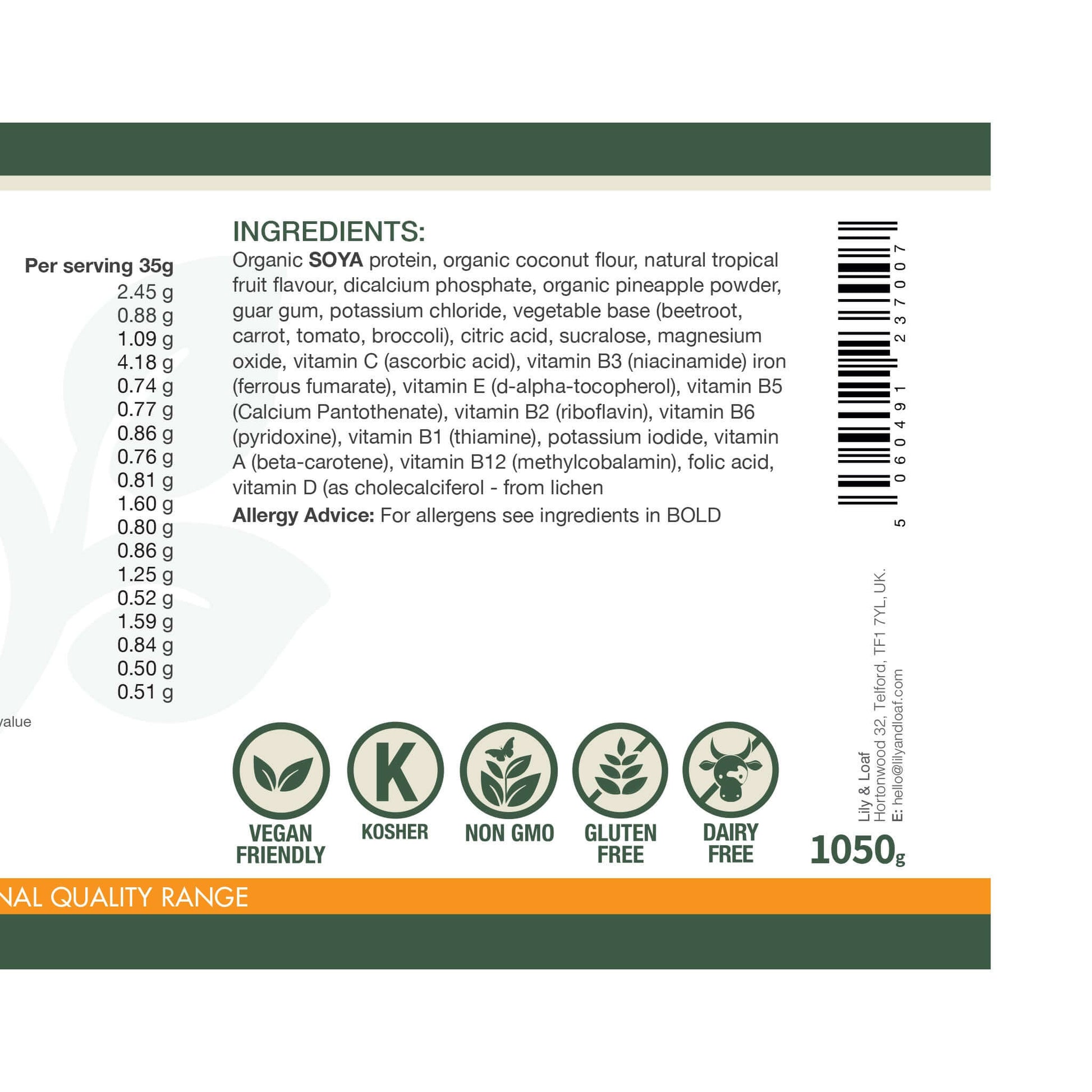 Daily Fuel Tropical Flavour product label with ingredients list, allergen advice, and certification icons on a white background.