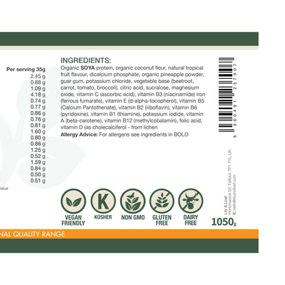 Daily Fuel Tropical Flavour product label with ingredients list, allergen advice, and certification icons on a white background.