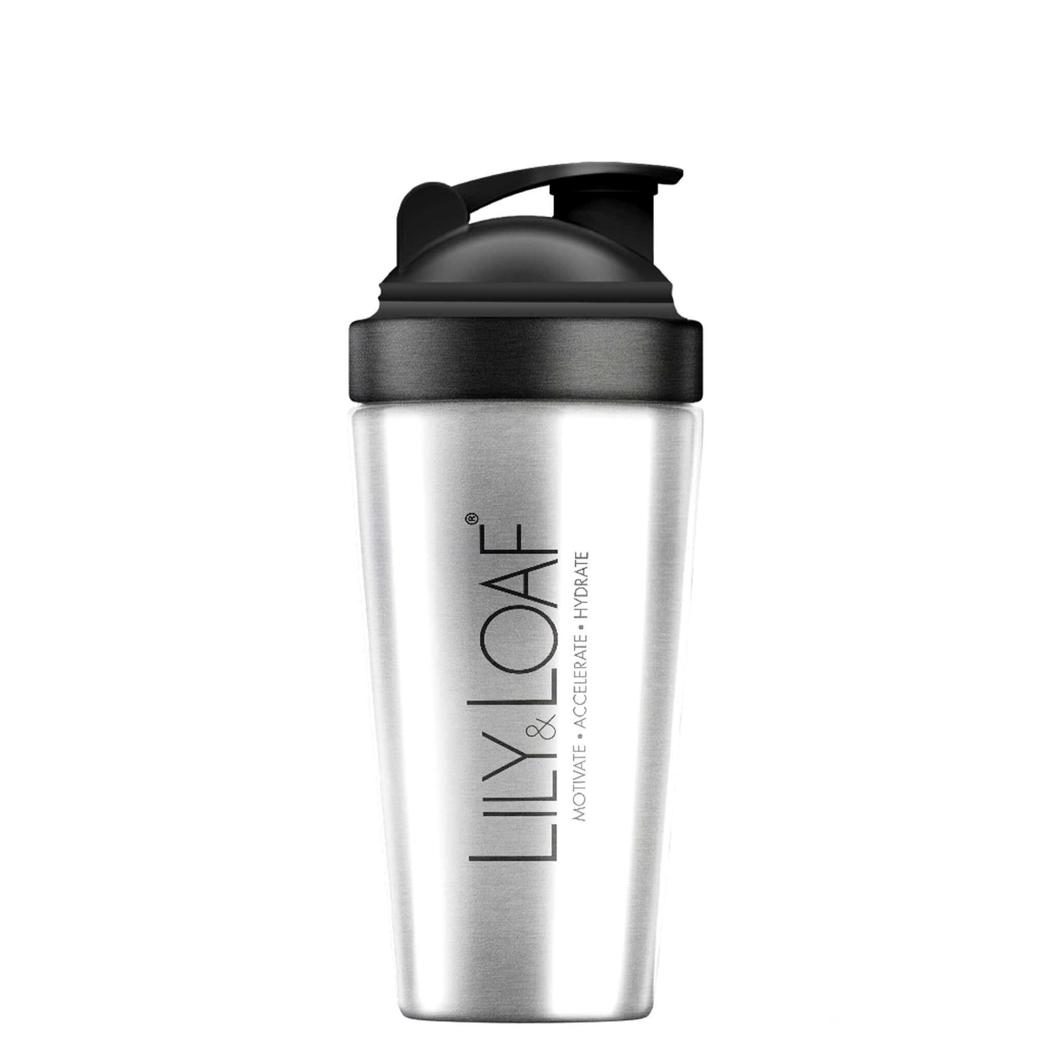 Clear shaker bottle with black lid on a white background, featuring the brand 'LILY & LOAF'.