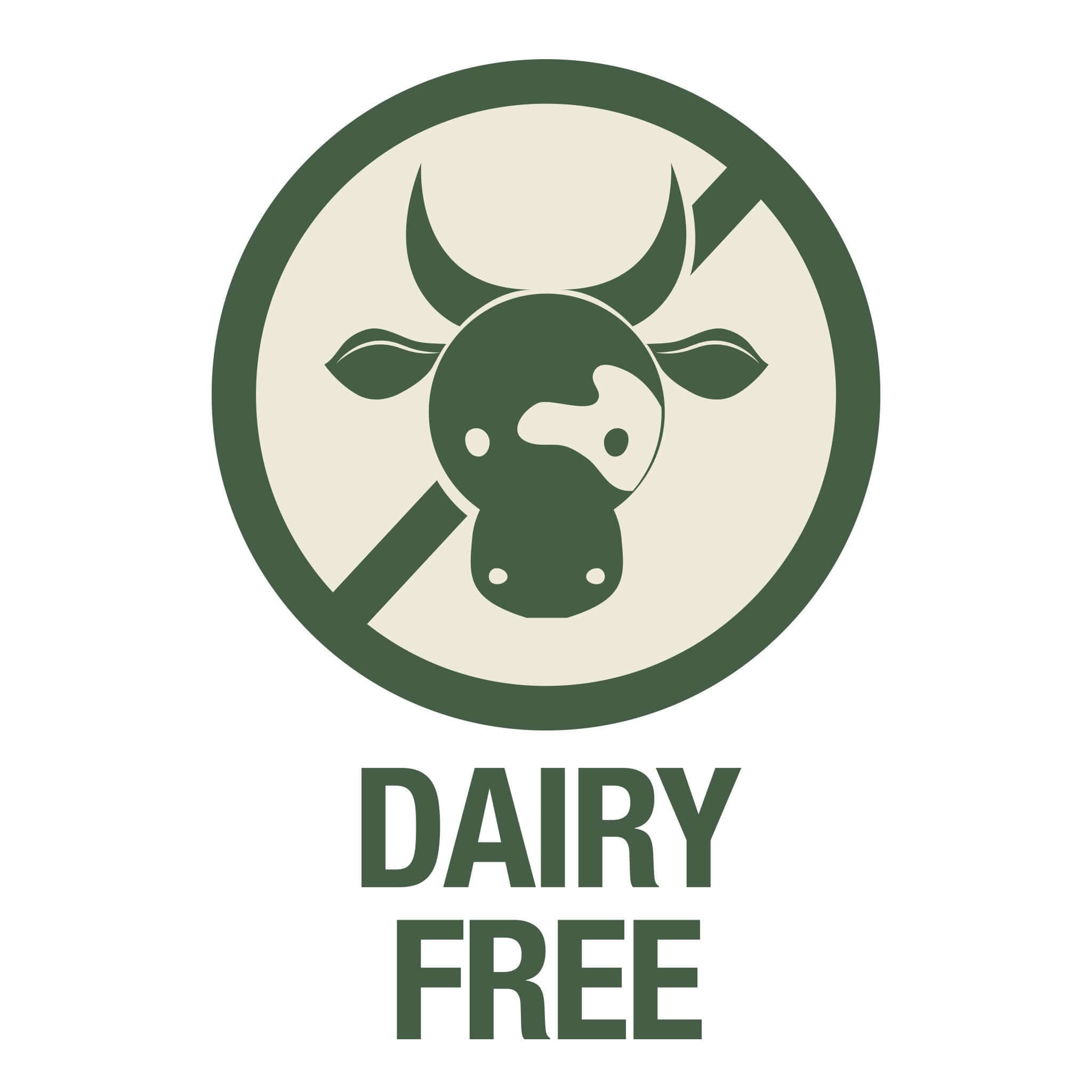 Dairy free symbol with a cow head and 'DAIRY FREE' text on a white background