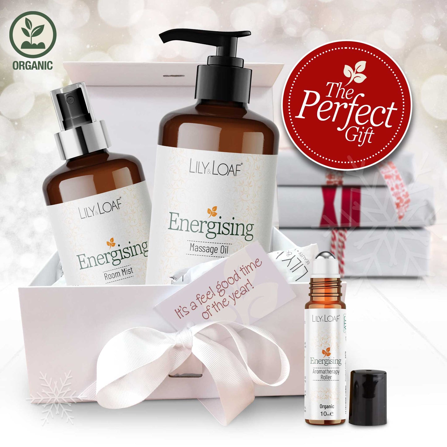 Lily Loaf Energising Aromatherapy products with a gift box and 'The Perfect Gift' label on a white background.