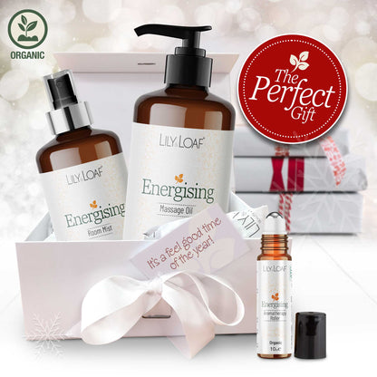 Lily Loaf Energising Aromatherapy products with a gift box and 'The Perfect Gift' label on a white background.