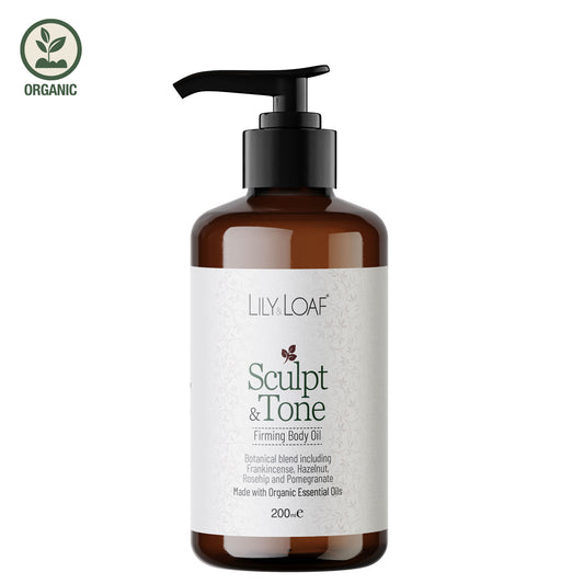 Brown bottle with pump labelled 'Lily & Loaf Sculpt & Tone' on a white background