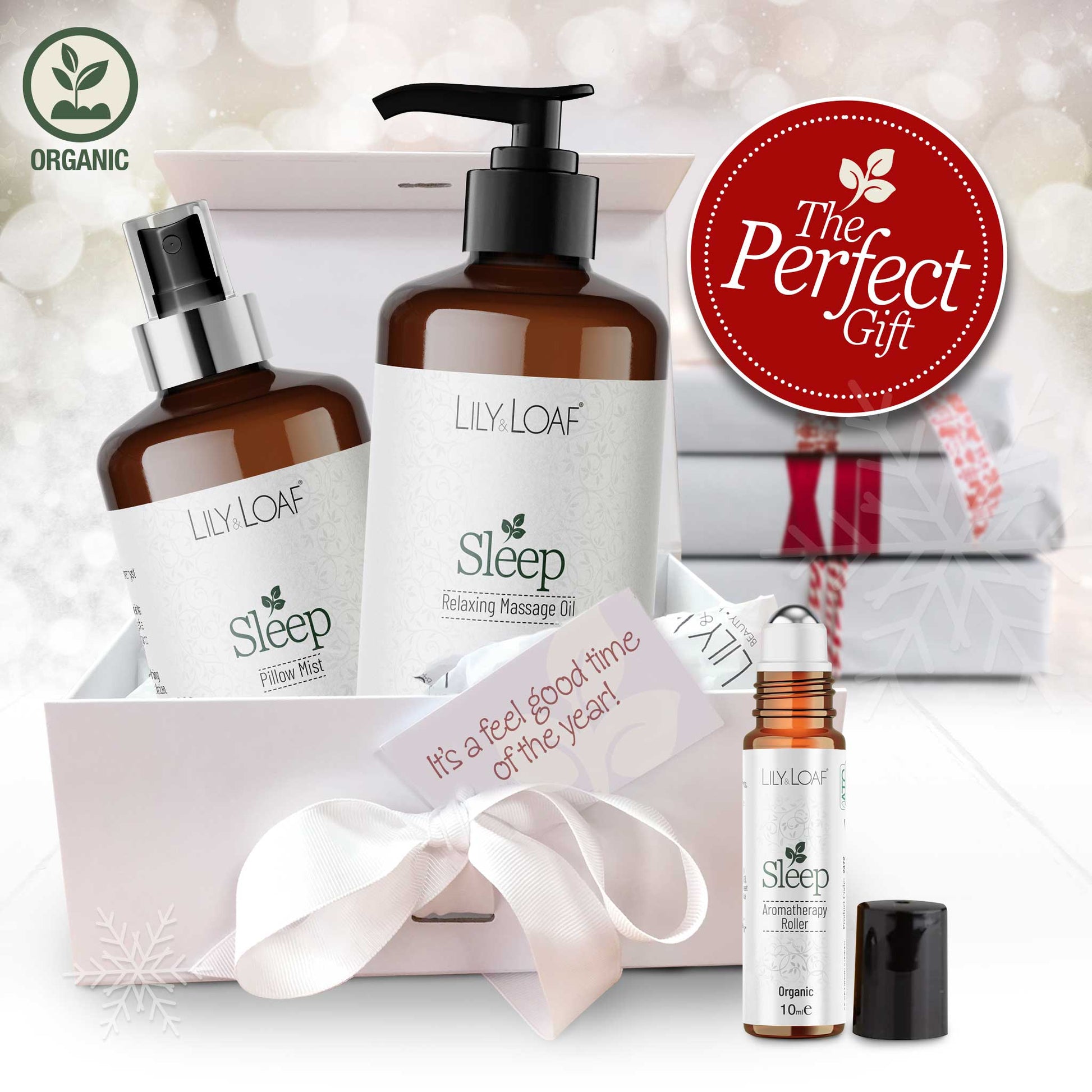 Lily & Loaf sleep product set with massage oil, pillow mist, and roller bottle in a gift box for Christmas