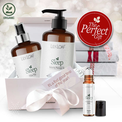 Lily & Loaf sleep product set with massage oil, pillow mist, and roller bottle in a gift box for Christmas