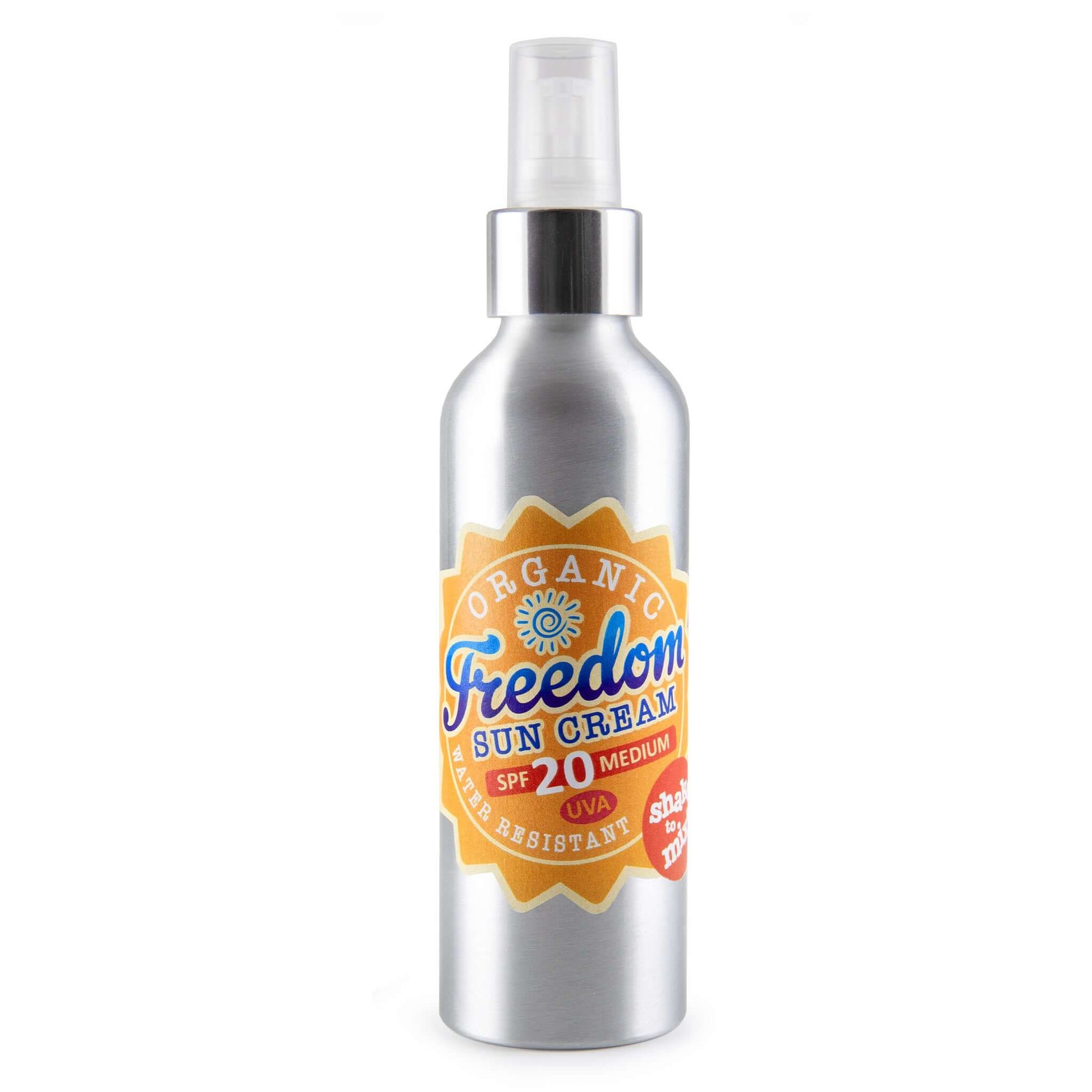 Silver bottle of Organic Freedom Sun Cream SPF 20 medium protection and water resistant, with pump dispenser.