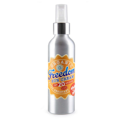 Silver bottle of Organic Freedom Sun Cream SPF 20 medium protection and water resistant, with pump dispenser.