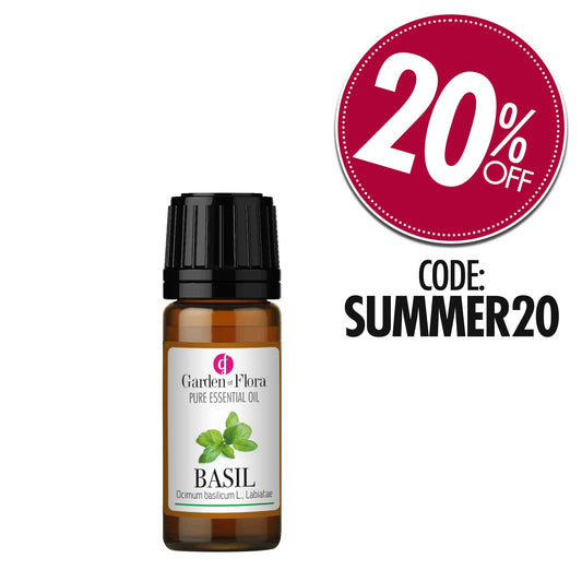 Garden of Flora Basil Essential Oil with 20% Off Icon and Code SUMMER20 to use at checkout