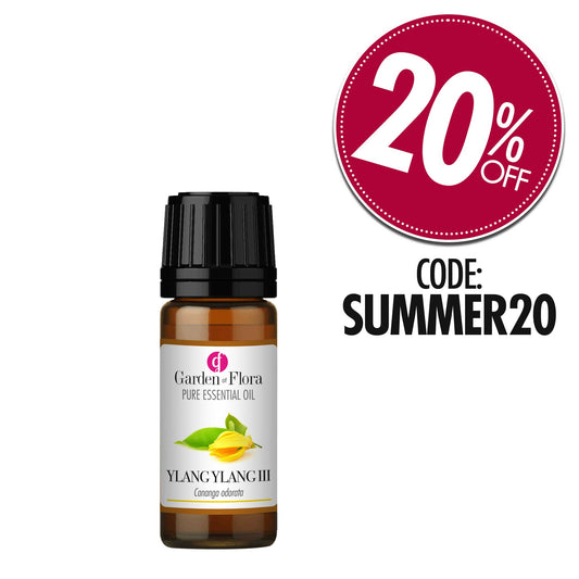 Garden of Flora Ylang Ylang Essential Oil with 20% Off Icon and Code SUMMER20 to use at checkout