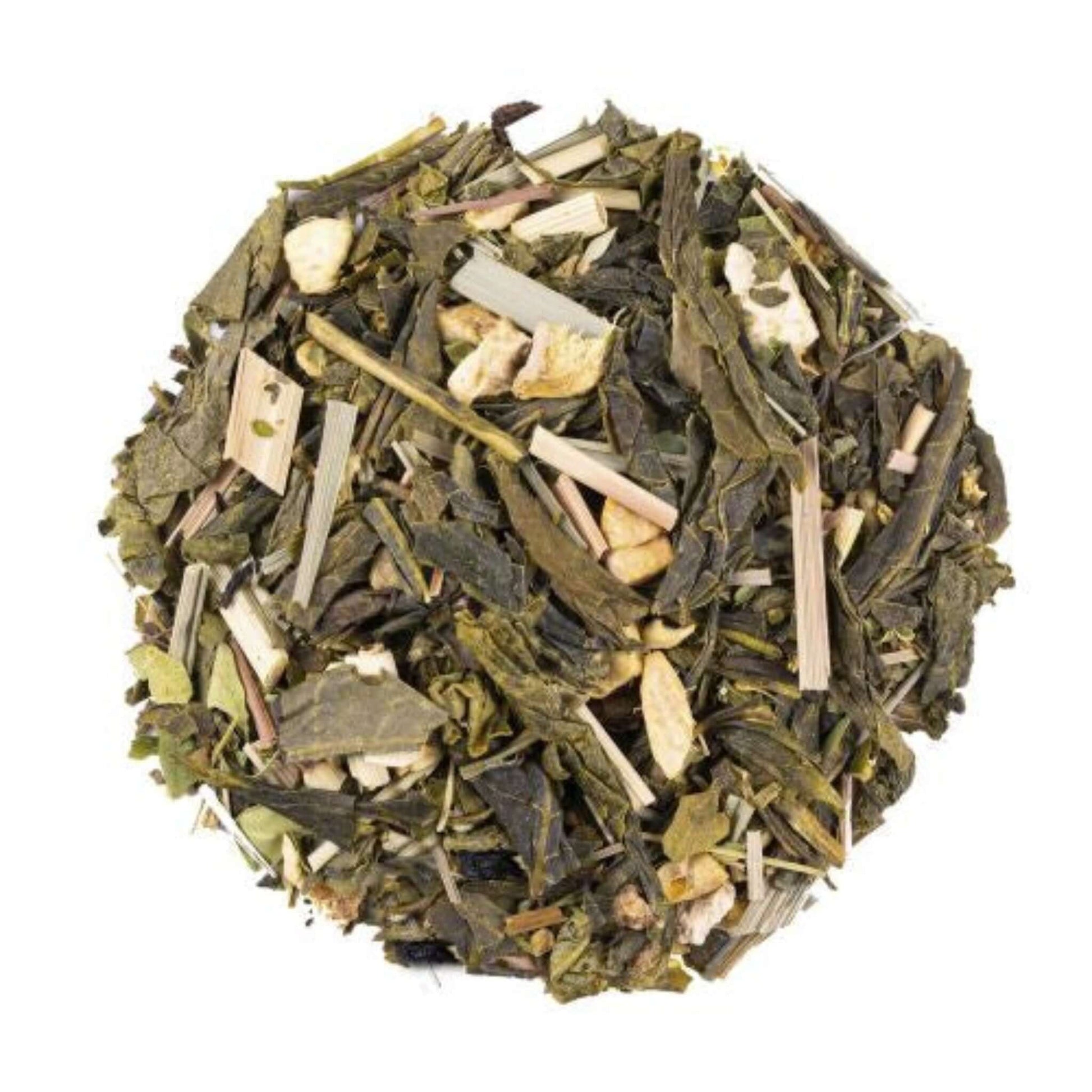 Close-up of loose-leaf Green Ginger & Lemon Flavoured Green Tea, displaying the dried ingredients and natural texture of the blend.