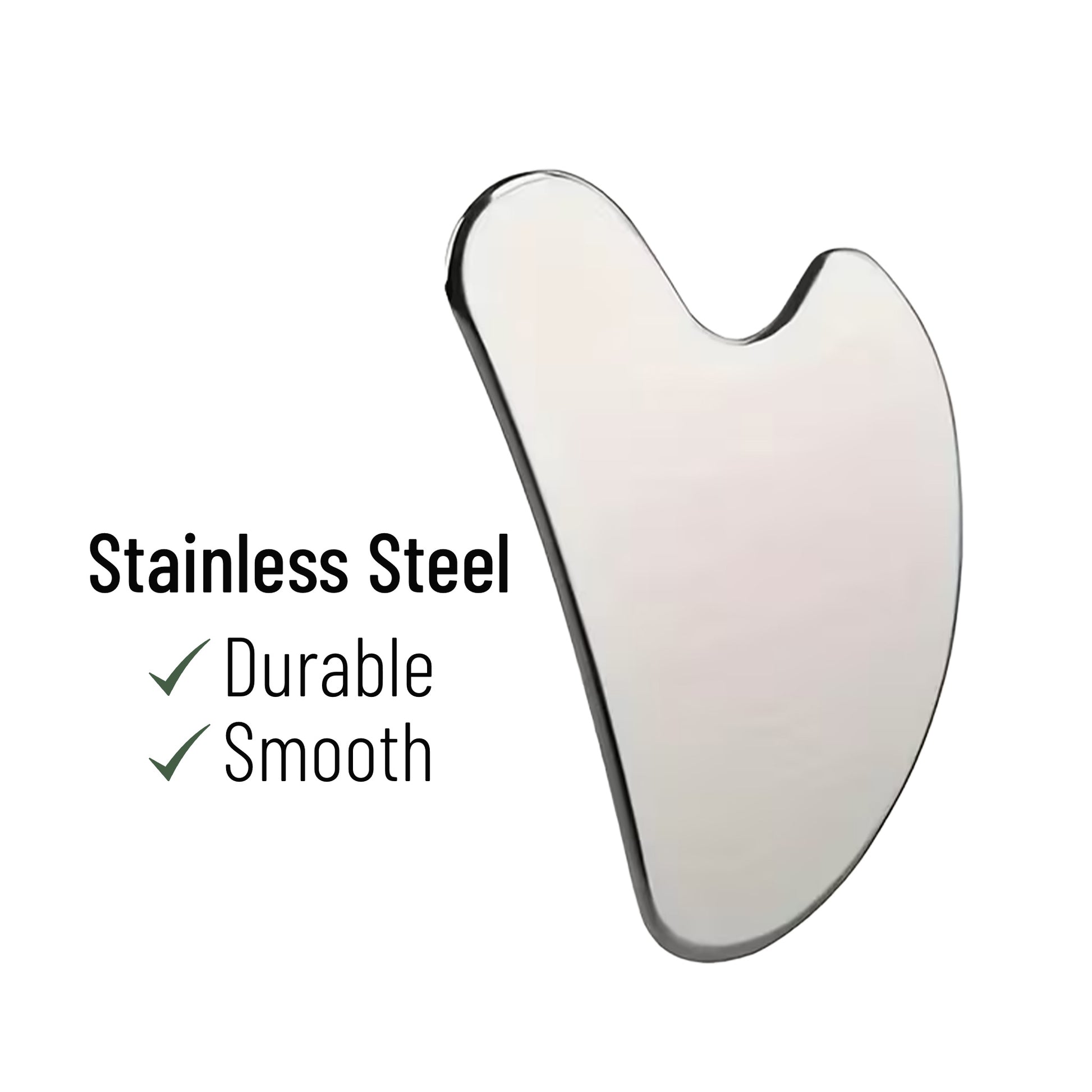 Stainless steel Gua Sha tool with 'Stainless Steel', 'Durable', and 'Smooth' text on a white background