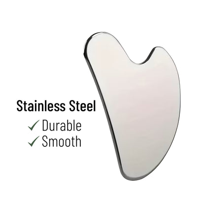 Stainless steel Gua Sha tool with 'Stainless Steel', 'Durable', and 'Smooth' text on a white background