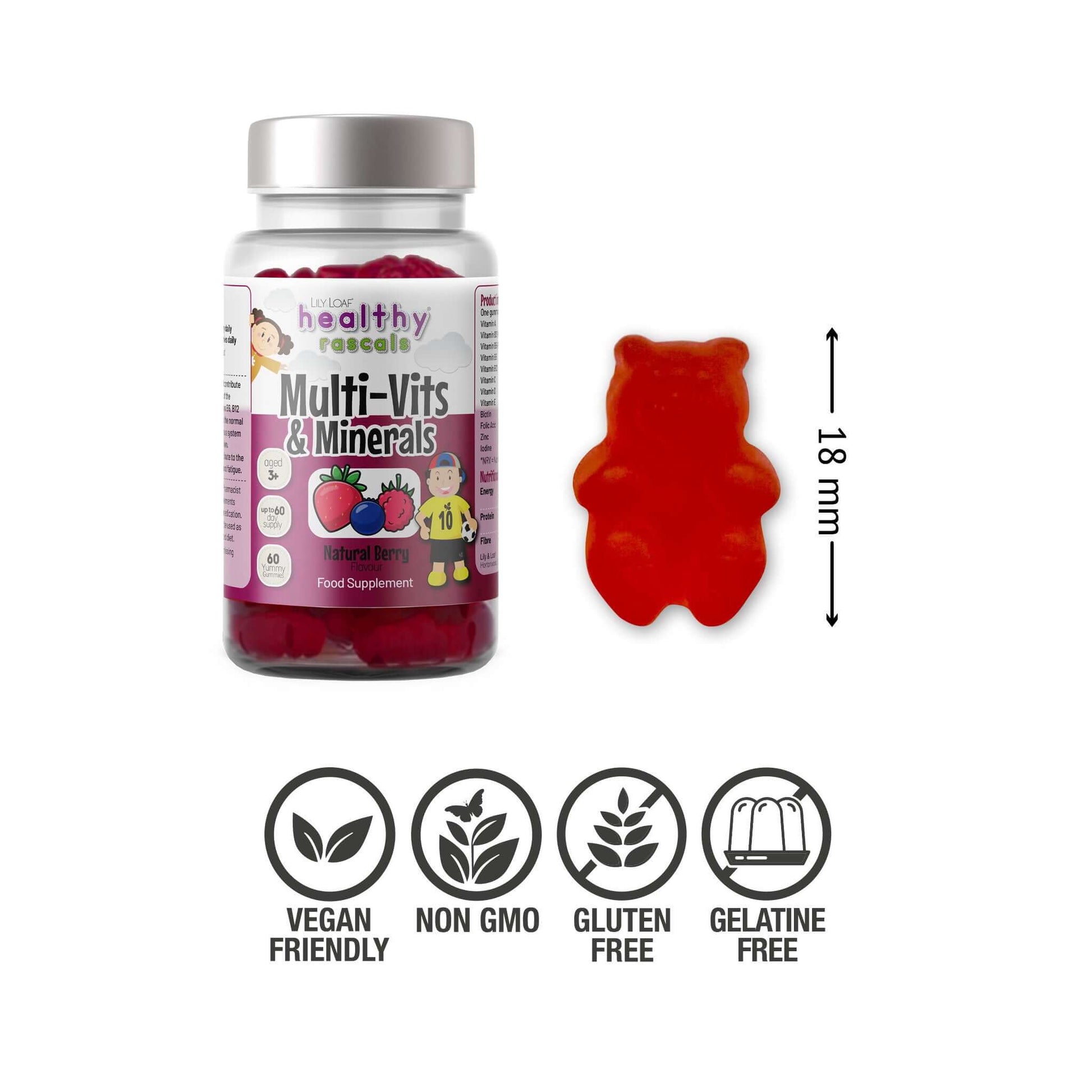Healthy Rascals Multi-Vits & Minerals berry flavour gummies bottle with red bear-shaped gummy beside it, 18mm size, vegan and gluten-free.