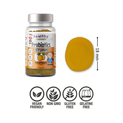 Healthy Rascals Probiotics + Vitamins gummies in a bottle with pineapple flavour, shown beside 18mm gummy, vegan and allergen-free icons