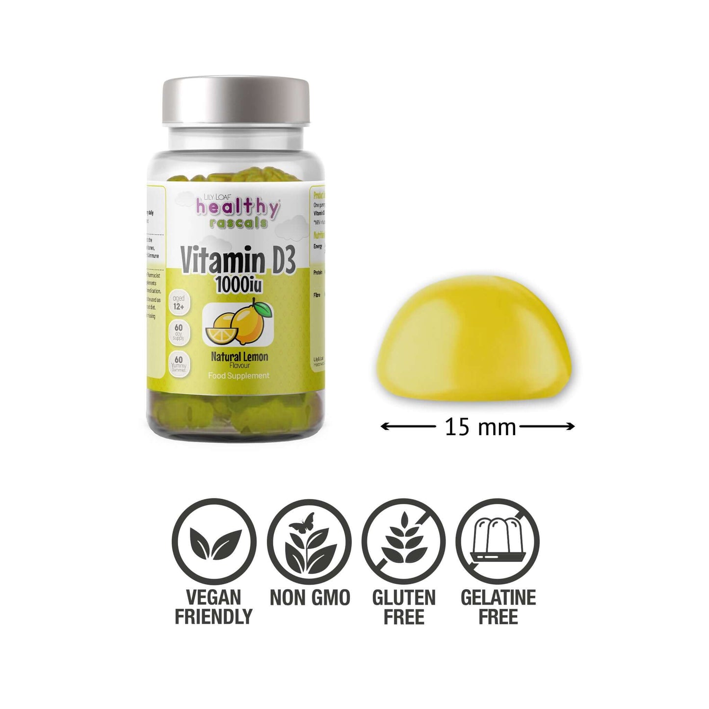Healthy Rascals Vitamin D3 1000iu lemon gummies bottle with a single dome-shaped gummy (15mm) shown beside vegan, non-GMO, gluten-free, and gelatine-free icons