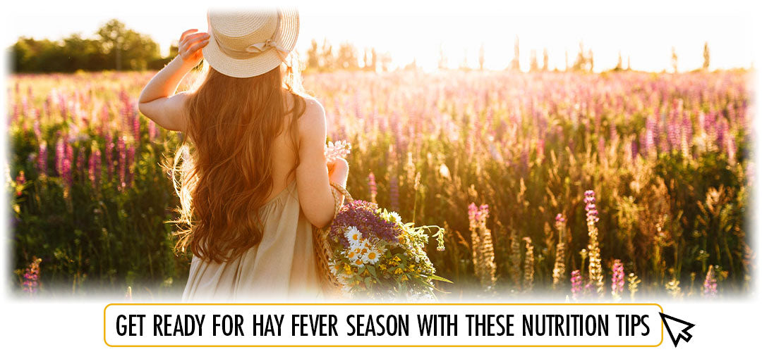 Prepare for hay fever season with Lily & Loaf's nutrition advice, featuring a woman in a sunlit field.