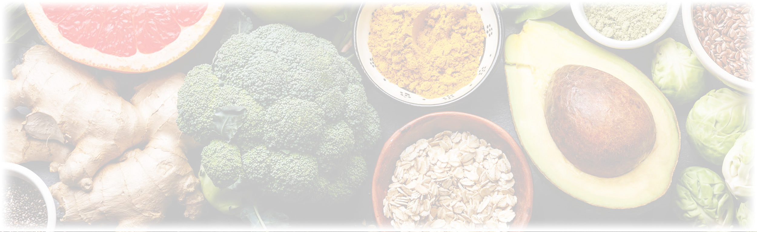 Assorted healthy foods including avocado, broccoli, oats, and ginger, reflecting Lily & Loaf's focus on nutrition.