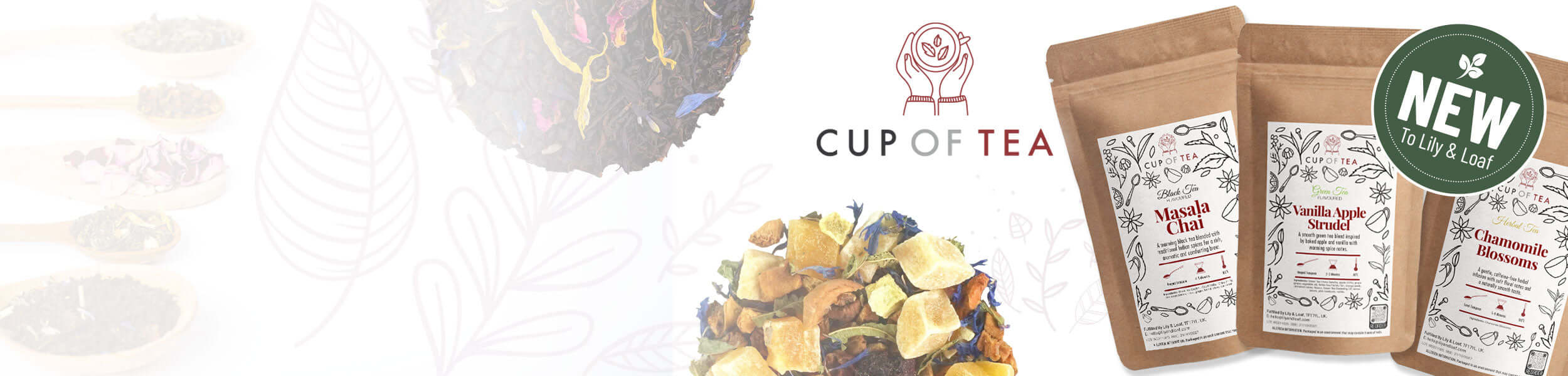 Cup of Tea range with loose leaf blends and packaged tea pouches displayed on a light background with brand logo