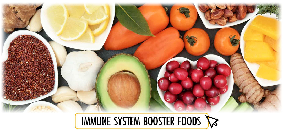 Variety of fresh foods rich in nutrients for boosting the immune system.