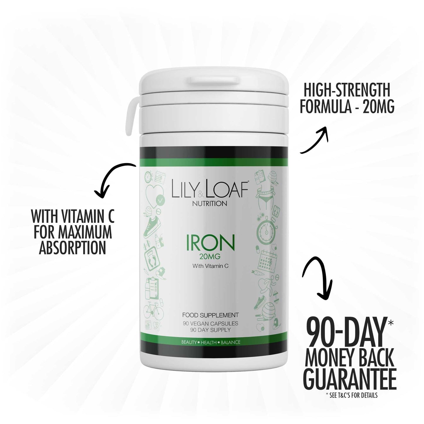 Lily & Loaf Iron supplement bottle with 90 vegan capsules, 20mg high-strength formula, and Vitamin C for maximum absorption. Features a 90-day money-back guarantee.