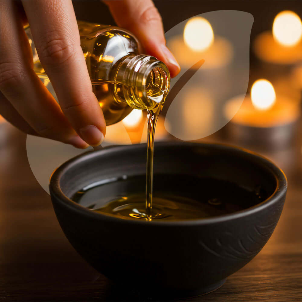 Hand pouring oil from a bottle into a black bowl with a warm, blurred background.