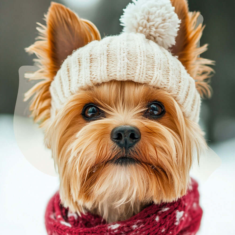 Small dog wearing a knitted hat and scarf with a blurred background