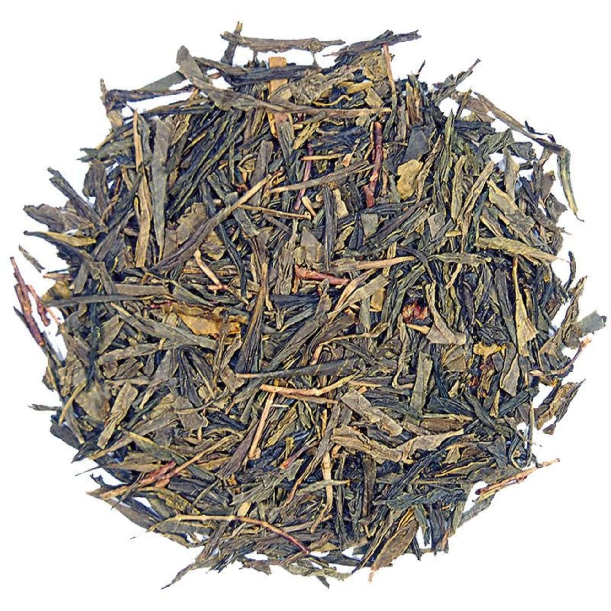 Close-up of loose-leaf Japan Bancha Green Tea, displaying the dried ingredients and natural texture of the blend.