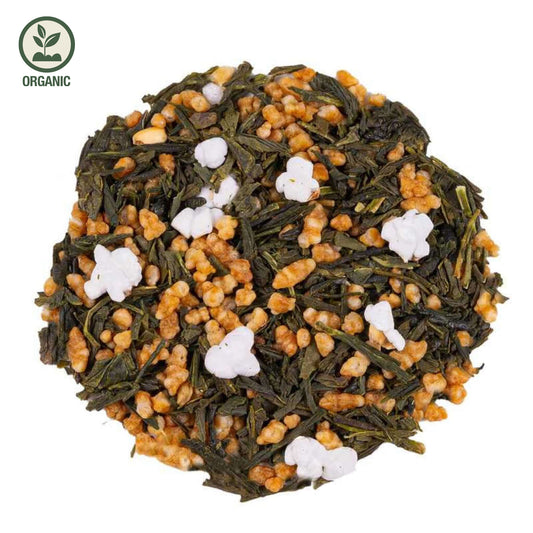 Close-up of loose-leaf Japan Genmaicha Yukihime Organic Green Tea, displaying the dried ingredients and natural texture of the blend.