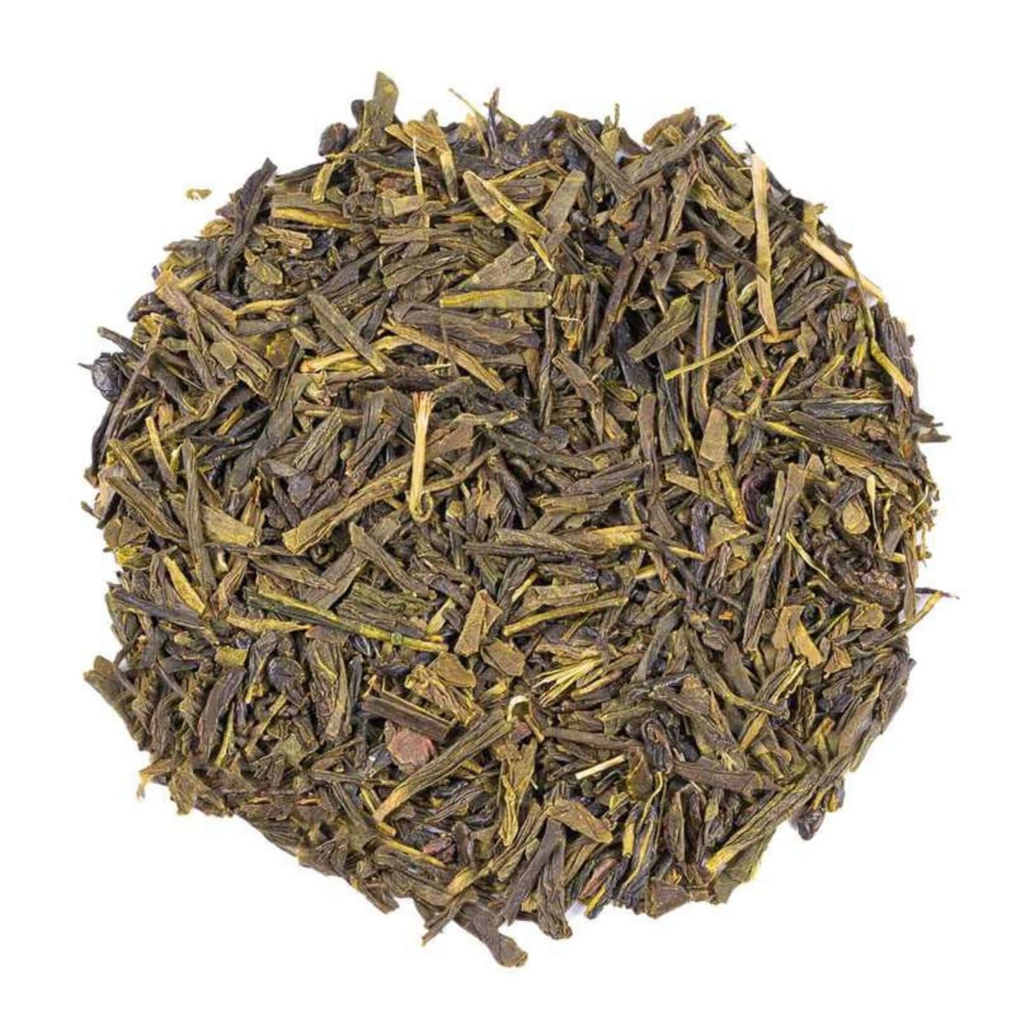 Close-up of loose-leaf Japan Sencha Green Tea, displaying the dried ingredients and natural texture of the blend.