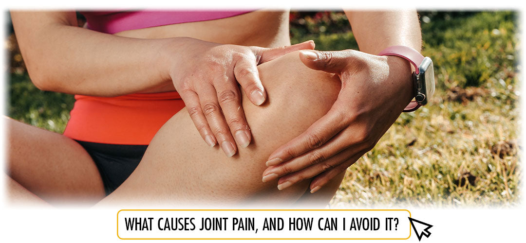 Athlete touching her knee with text 'What causes joint pain, and how can I avoid it?' Lily & Loaf guide.