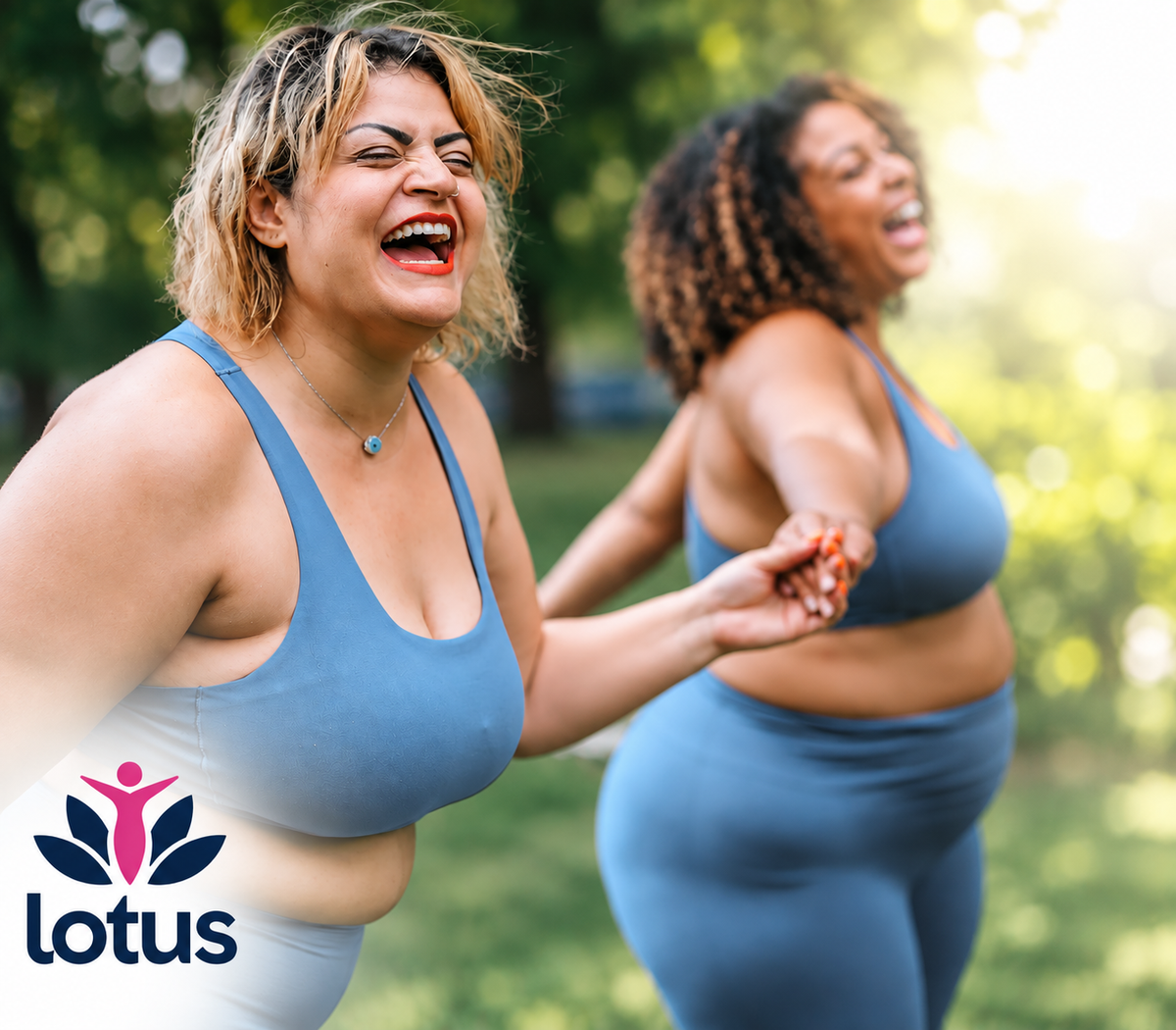 Two women laughing outdoors in matching blue athletic wear, with a Lotus logo watermark in the lower-left corner.